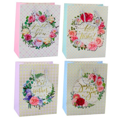 LeanToys Geschenktüte Muster Blumen Beste Wünsche 23 x 18 x 10,5 cm