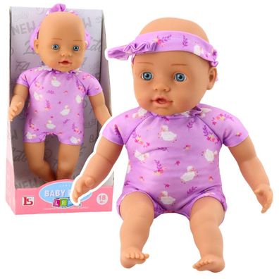 LeanToys Babypuppe im lila Body, weicher Bauch, Stirnband mit Schleife, 31 cm