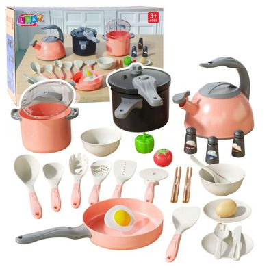 LeanToys Küchenset Töpfe Kochzubehör Lebensmittel Rosa 32-teilig