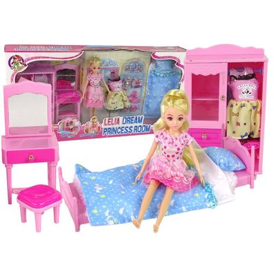 LeanToys Puppenmöbel Set Bett Kleiderschrank Toilettenartikel