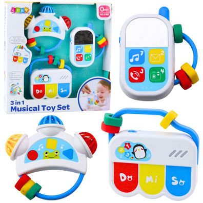 LeanToys Musikspielzeugset Für Kleinkinder Telefon Tamburin Tasten Klänge 3In1
