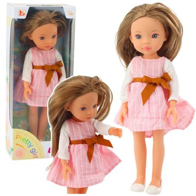 LeanToys Puppe Im Rosa Kleid Mit Fliege Langes Braunes Haar