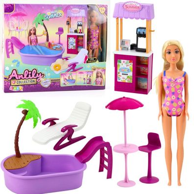 LeanToys Anlily Puppe Set Am Strand Pool Palme Getränkestand Zubehör
