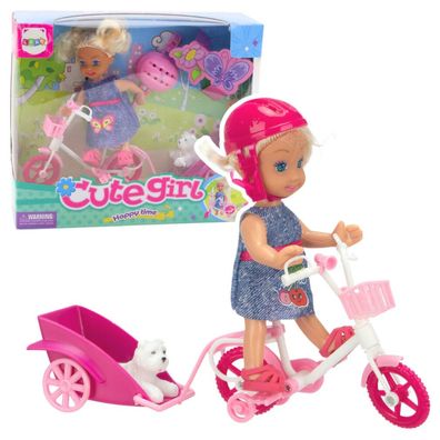 LeanToys Mini Puppe Fahrradanhänger Helm Weiß Hund Set
