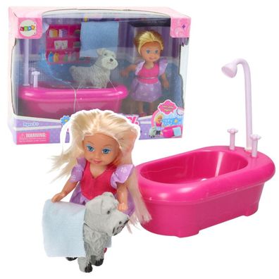LeanToys Mini-Puppen-Set Mit Badewanne Und Weißem Hund Rosa