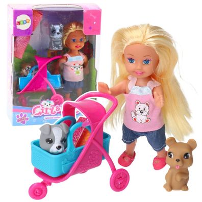 LeanToys Mini Puppe Kinderwagen Set Hunde Grau Braun