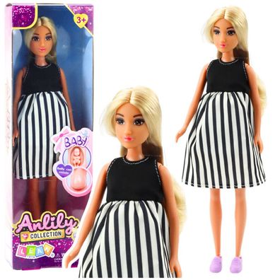 LeanToys Anlily Schwangere Puppe im schwarz-weiß gestreiften Kleid Baby