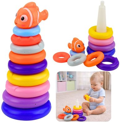 LeanToys Pädagogisches Pyramidenpuzzle mit bunten Kreisen und Fischen, 10 Teile