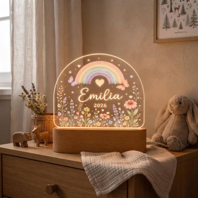 Personalisiertes Nachtlicht Regenbogen mit Blumen Name & Jahr Weihnachtsgeschenk Baby