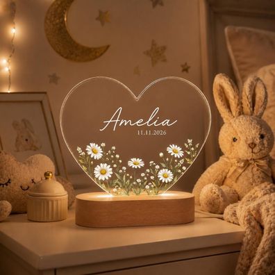 Personalisiertes Nachtlicht Herz Gänseblümchen Name & Datum Weihnachtsgeschenk Baby