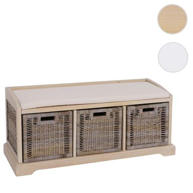 Sitzbank Bienne, Aufbewahrungsbox, 3 Körbe, Kubu-Rattan-Geflecht, 112x46x37cm