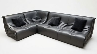 Schwarzes Ecksofa mit markanten Steppnähten und Lederbezug (BD)