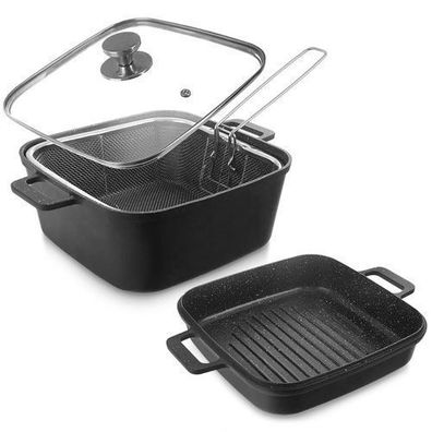 Granittopf mit Glasdeckel, Grillpfanne, Korb GRANDE 2 + 4 l 4 Stück