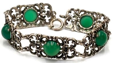 Antikes Armband 0,835 Silber mit 5 grünen JADE Steinen besetzt Trachtenarmband