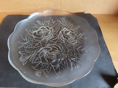 Gebeckteller Flache Schale Glas mit Rosen-Relief Rand gewellt ca. 25 cm Ø