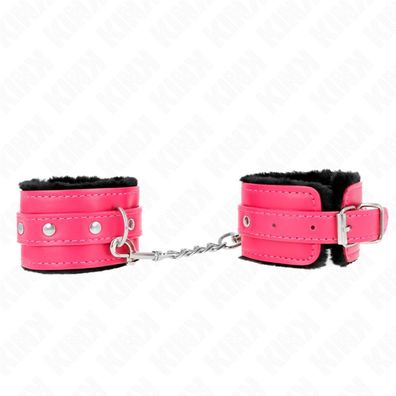 KINK Premium Handgelenkfesseln mit Pelzfutter, Schwarz/Himbeerrosa, 17-29x6cm