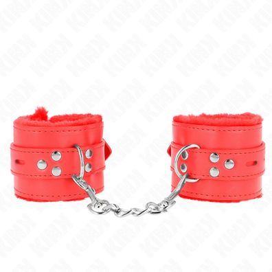 KINK Handgelenkfesseln mit Pelzfutter, quadratische Löcher, Rot, 17-29x6cm