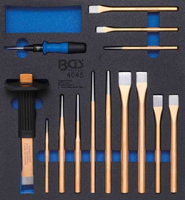 BGS-4045 2/3 Werkstattwageneinlage: Splintentreiber, Meißel und Körner, 15-tlg