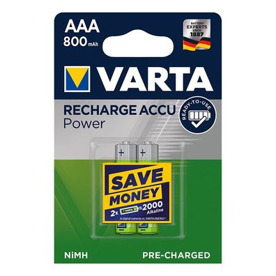 Varta Recharge Accu Power Batterien AAA 800 mAh 2 Stück im Blister (DECT Telefon)