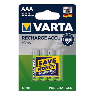 Varta Recharge Accu Power Batterien AAA 1000 mAh gebrauchsfertig 4 Stück im Blister