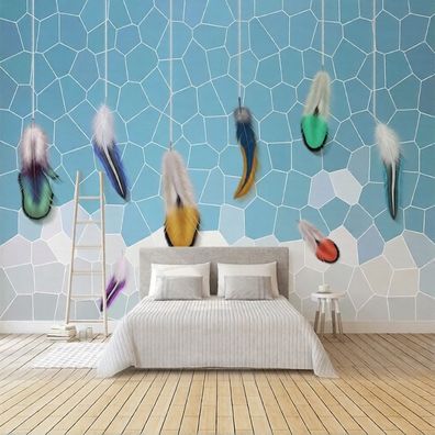 Fototapete Federn 3D Wandbild Schlafzimmer Türkis Blau Bunte Federn 4851