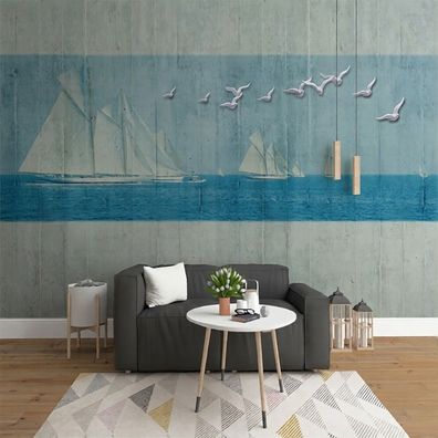 Fototapete Meer Segelboote 3D Wandbild Küste Ozean Vögel Wohnzimmer 4854