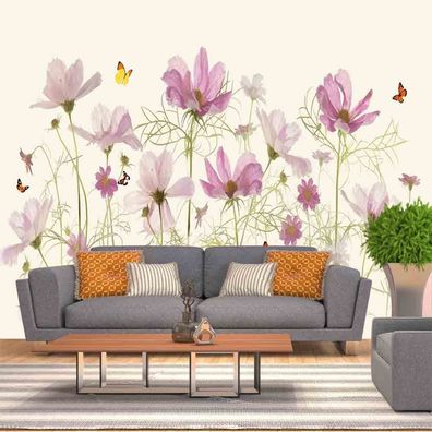 Fototapete Blumen Schmetterlinge 3D Wandbild Rosa Blüten Blumenwiese Floral 4855