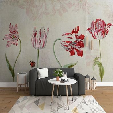 Fototapete Tulpen Blumen Rot Weiß 3D Wandbild Riesige Blüten Floral Wanddek 4858