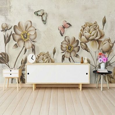 Fototapete Blumen Schmetterlinge 3D Wandbild Vintage Floral Blumenmotiv 4861