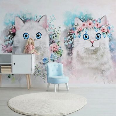 Fototapete Katzen Blumen 3D Wandbild Weiße Katzen Blaue Augen Rosa Blumen 4862