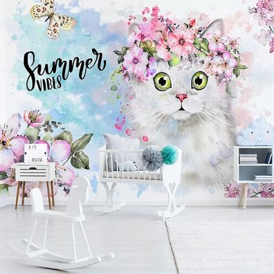 Fototapete Katze Blumen Schmetterlinge 3D Wandbild Weiße Katze Grüne Augen 4863