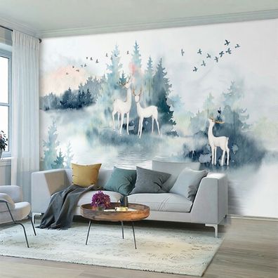 Fototapete Wald Hirsche Aquarell Natur Schlafzimmer Wandbild Wandtapete 4865