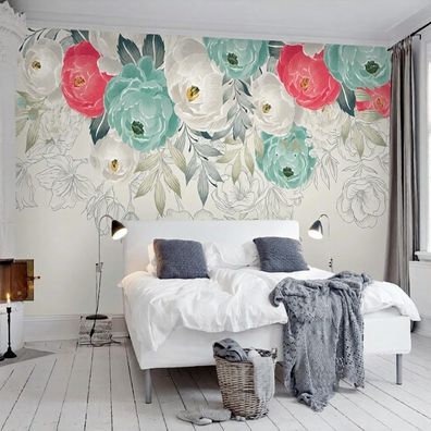 Fototapete Blumen Floral Aquarell Wohnzimmer Wandtapete Blüten Wandbild Deko 4866