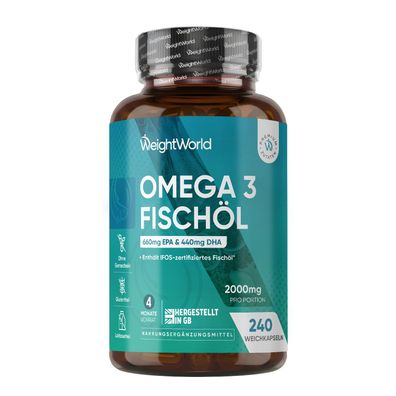 WeightWorld Omega 3 Weichkapseln - 2000mg Fischöl - 660mg EPA &440mg DHA- 240 Kapseln