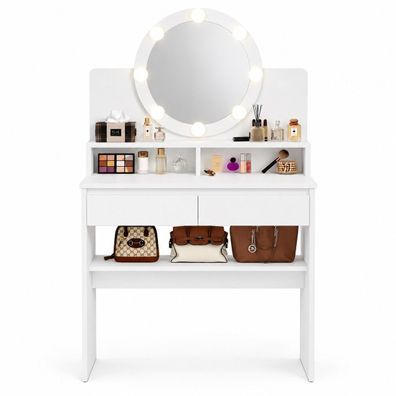 Kosmetik-Frisiertisch mit rundem LED-Spiegel - weiß, 80 cm