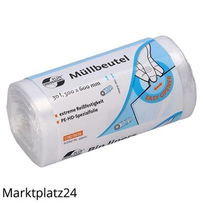 Deiss Emil KG Abfallbeutel Universal Plus Transparent HDPE 30L 500x600mm 6my 100 St