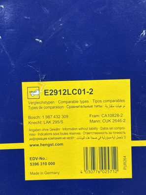 Innenraumfilter Hengst Filter E2912LC01-2 für Mercedes-Benz M-CLASS, Mercedes-Be