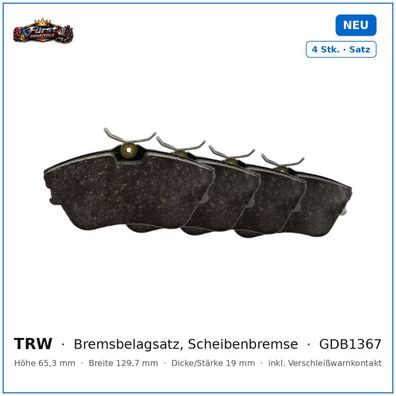Bremsklötze TRW GDB1367 für VW California, VW Transporter, VW Kombi uvm