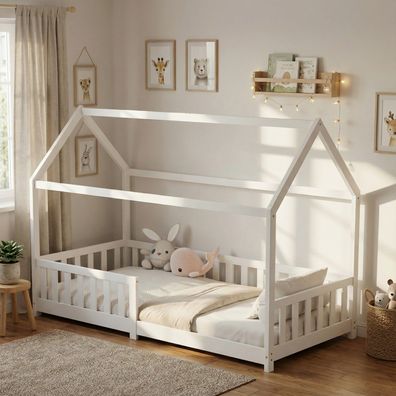 Kinderbett mit Rausfallschutz & Lattenrost Hausbett| 80x160 cm, 90x200 | Natur, Weiß