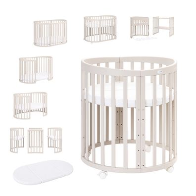 Waldin Babybett Oval 7in1, Matratze, Rollen, Regal, mitwachsendes Kinderbett