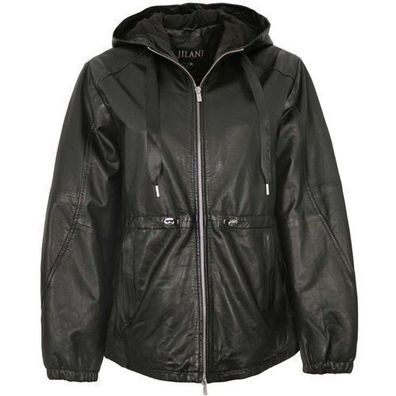 Jilani Collection - Damen Lederjacke Lammnappa Kapuze Oversize schwarz