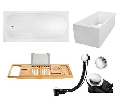 Badewanne Rechteck 190x80 BONA + Wannenträger + Bambus Ablage | Ablauf & Füße GRATIS