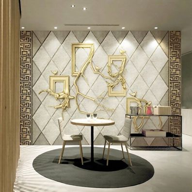 Wandtapete Luxus Gold Zweige Vögel Wanddeko Wohnzimmer Design Modern Elegan 4895