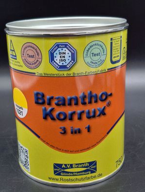750ml Brantho Korrux 3in1 Rapsgelb RAL 1021 Rostschutz & Metallschutz Farbe