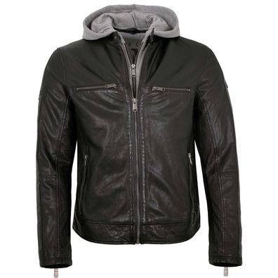 Camp David - Herren Echtleder Lederjacke Kapuze Lammnappa schwarz