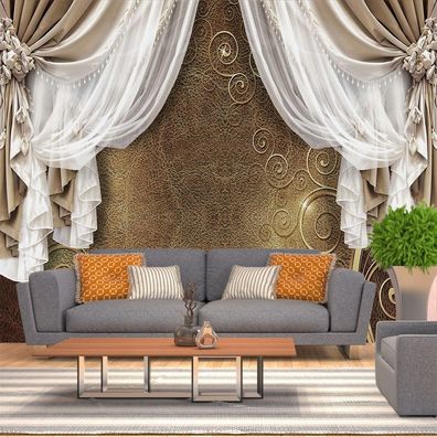 Wandtapete Luxus Barock 3D Vorhang Gold Braun Schlafzimmer Wanddeko Elegant 4906