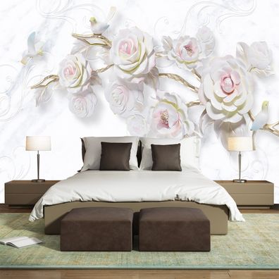 Wandtapete Rosen Blumen Vögel Weiß Rosa Luxus Schlafzimmer Wanddeko Elegant 4909