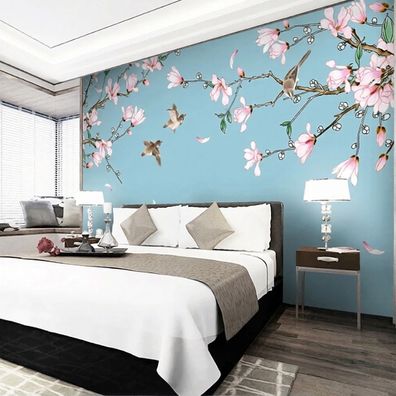 Fototapete Kirschblüten Vögel Blau Wandtapete Schlafzimmer Wohnzimmer Deko 4913