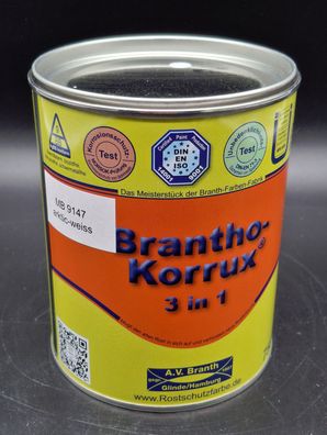 750ml Brantho Korrux 3in1 Arktikweiß RAL MB9147 Rostschutz & Metallschutz Farbe