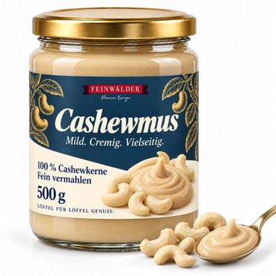 Feinwälder® Cashewmus 500 g Glas, 100 % Cashewkerne, cremige Nussmus Cashew Creme
